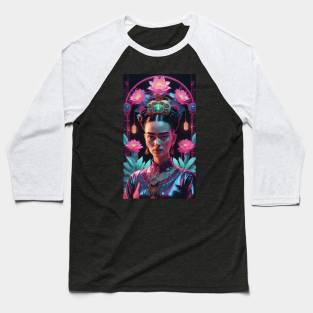 Frida's Neon Garden: Vibrant Modern Portrait Baseball T-Shirt